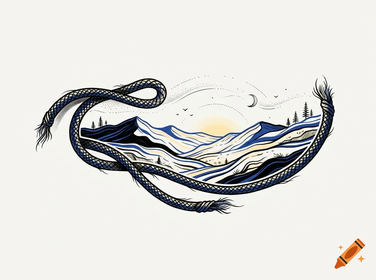 An illustration of a landscape with mountains, trees, sun, and crescent moon framed by a knotted rope.