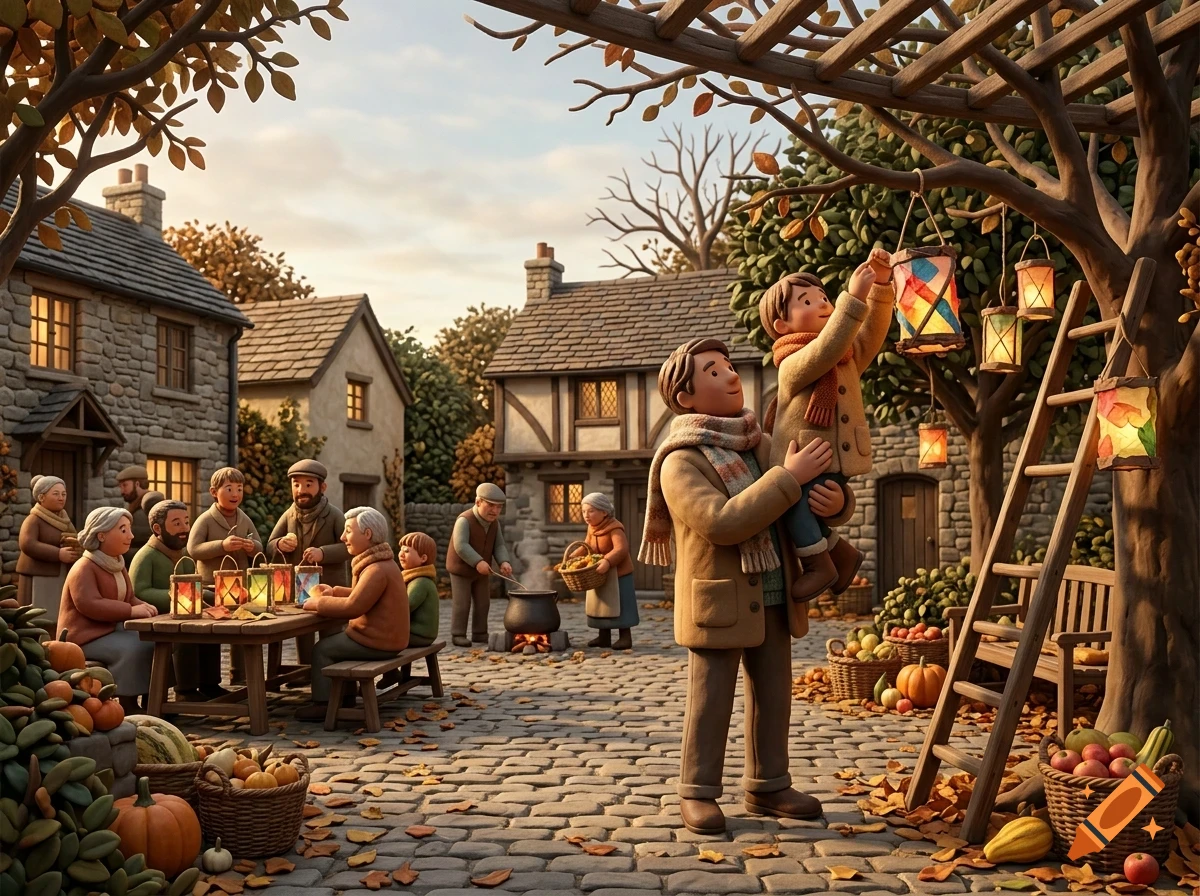 An adult holding a child up to hang lanterns on a tree in a village square with stone houses and people gathering for an autumn festival.