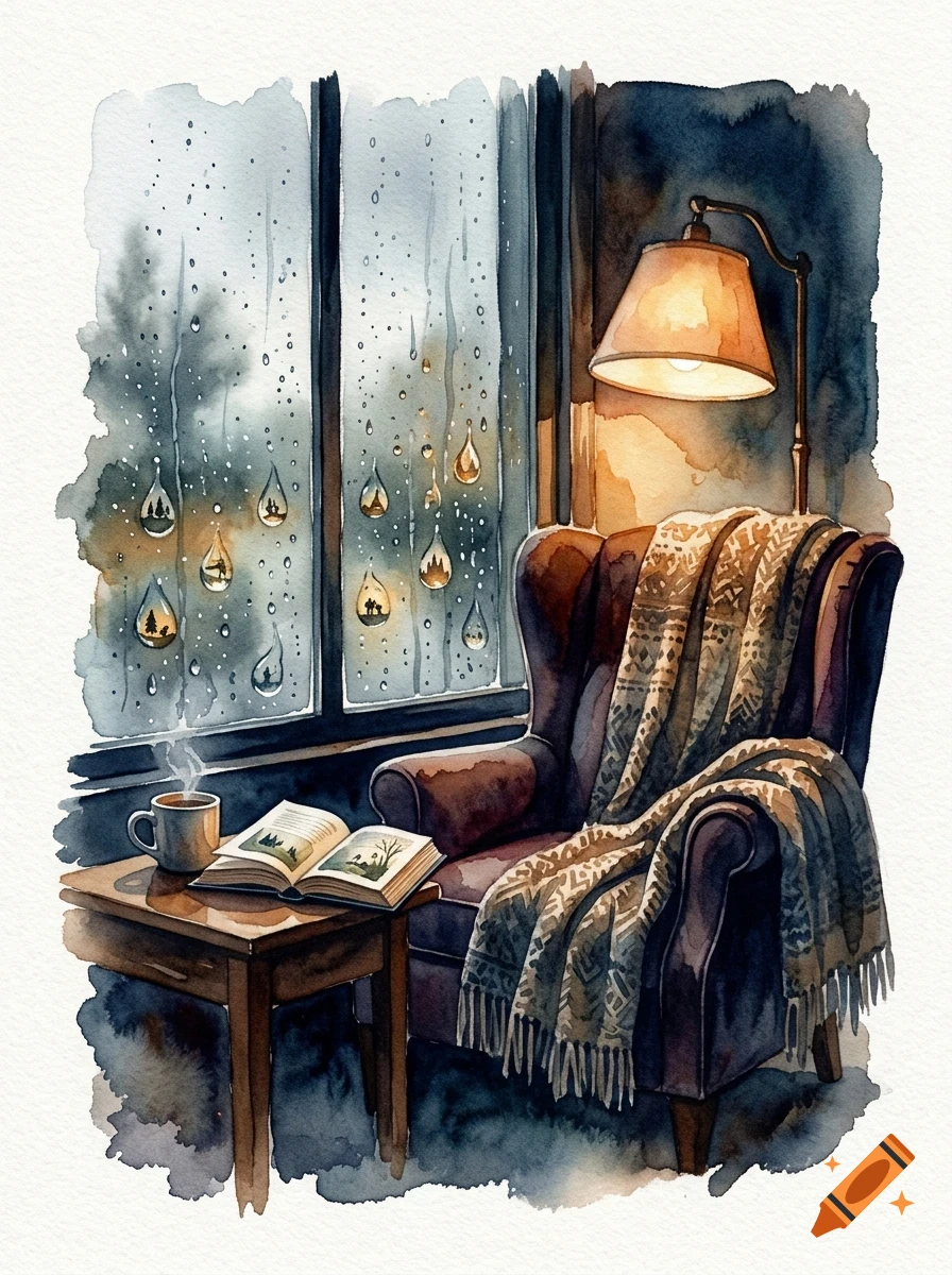 A cozy indoor corner with a rainy window, an armchair with a patterned throw blanket, a lamp, and an open book on a side table.
