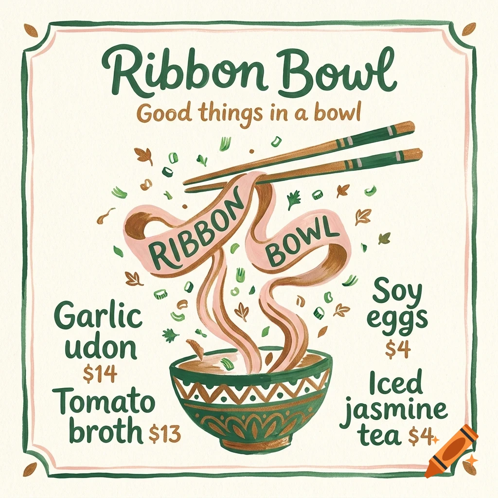 An illustrated menu for Ribbon Bowl showing a bowl of soup, chopsticks lifting noodles, and food items with prices.