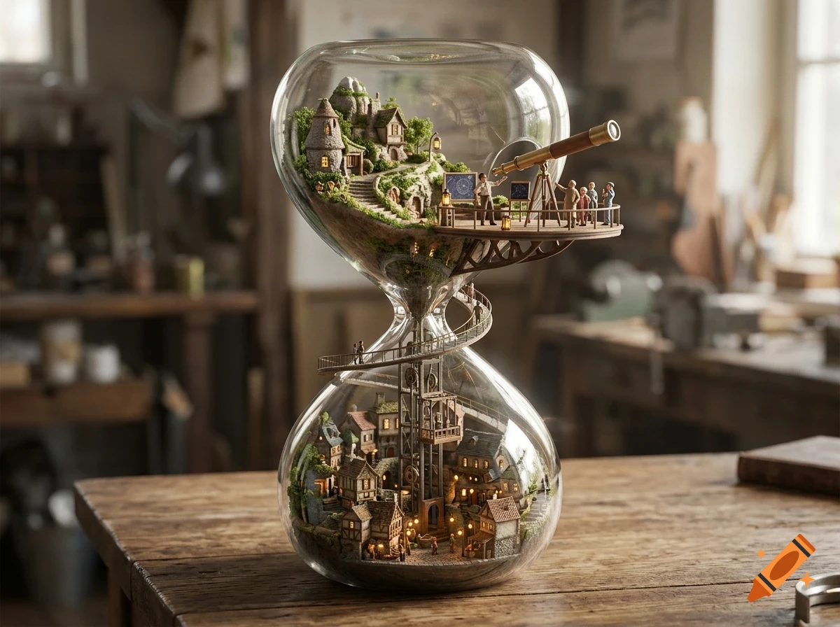 An intricate hourglass on a wooden table containing a miniature village inside its lower bulb and a landscape with a telescope and tiny figures inside its upper bulb.