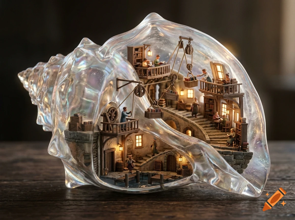 A translucent seashell carved out to reveal a miniature multi-level library with tiny people reading and operating a pulley system for books.
