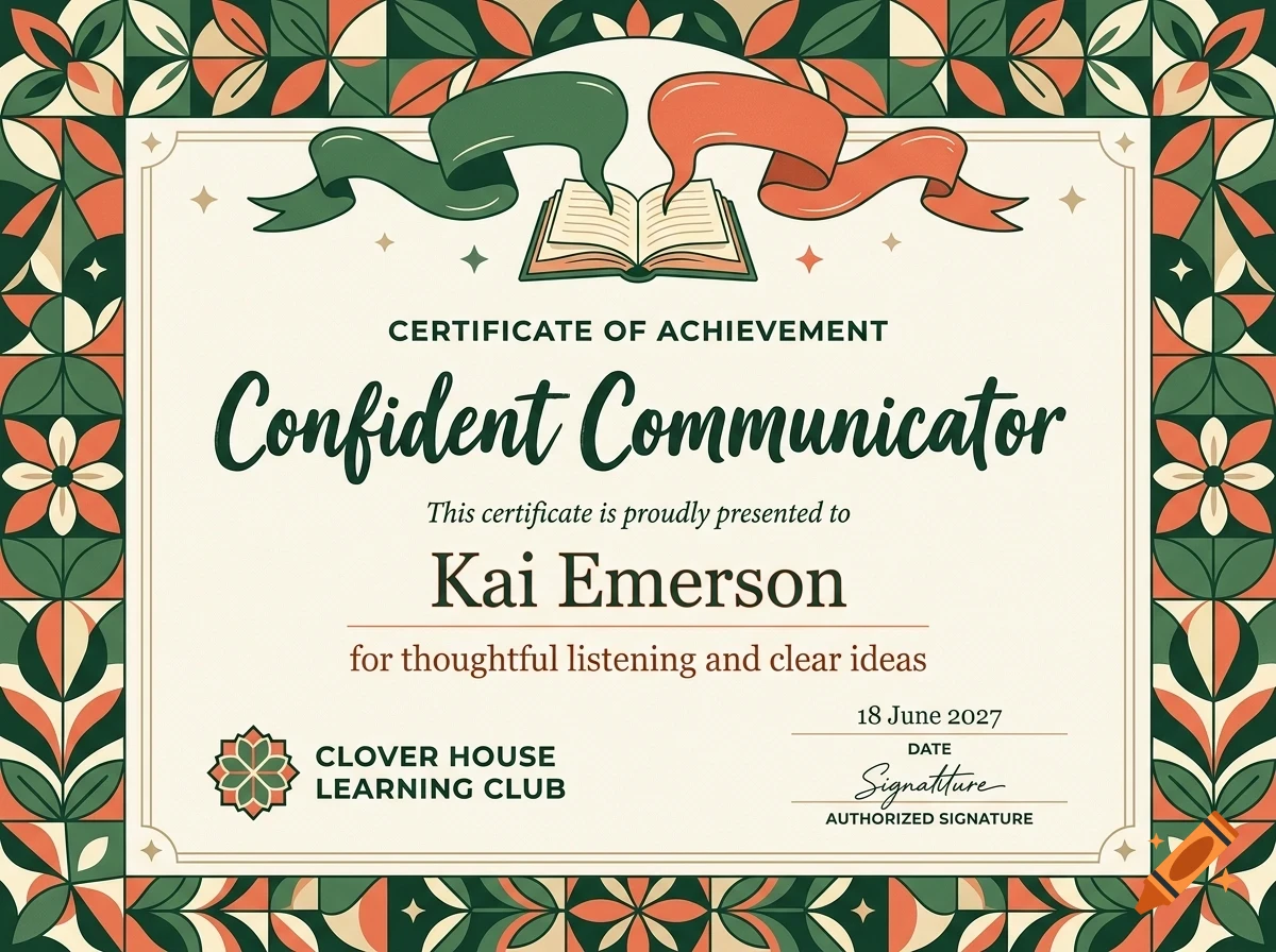 An ornate certificate of achievement with a decorative geometric and floral border, an open book graphic, and text reading Confident Communicator.