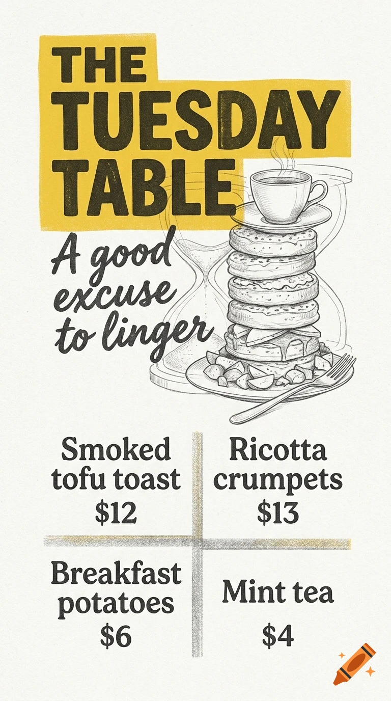 An illustrated menu for The Tuesday Table featuring food items, prices, and text.