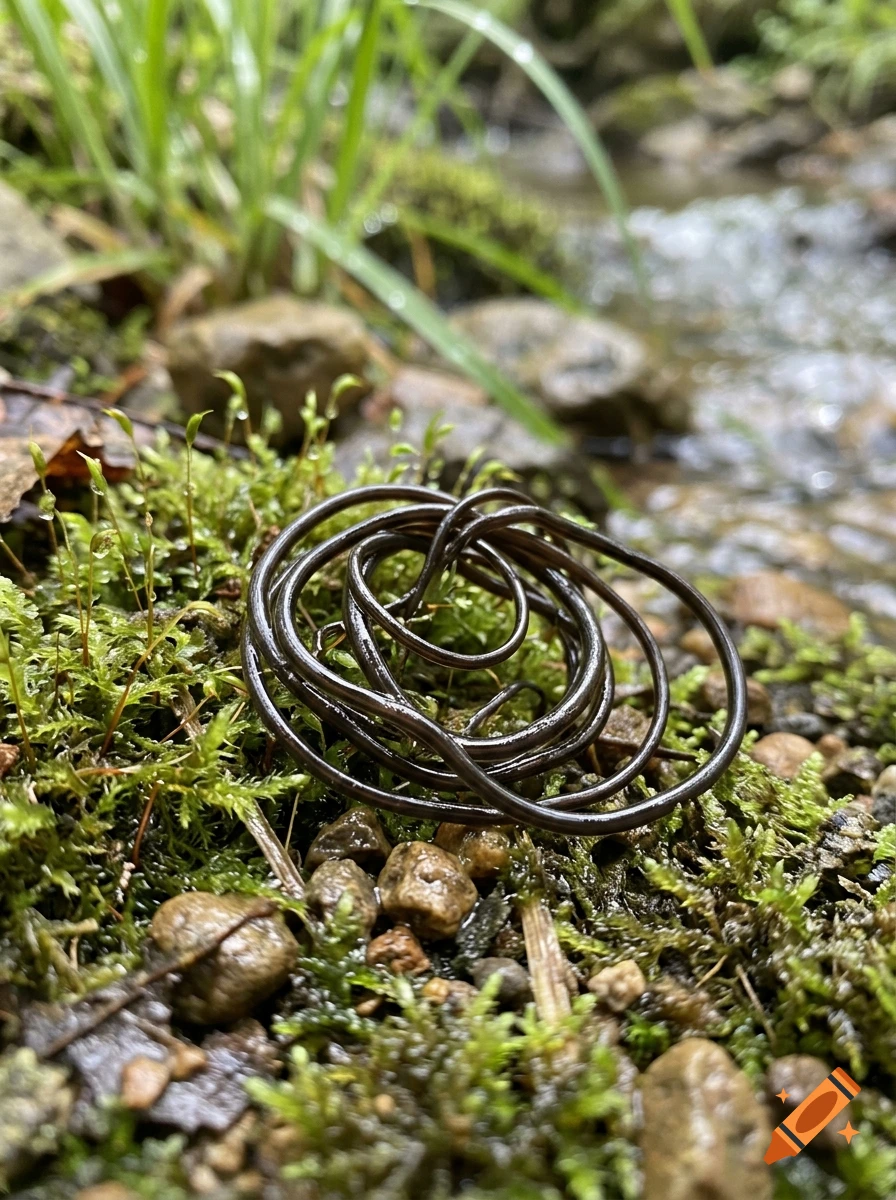 Close-up photorealistic shot of a coiled horsehair worm on green moss near a stream.