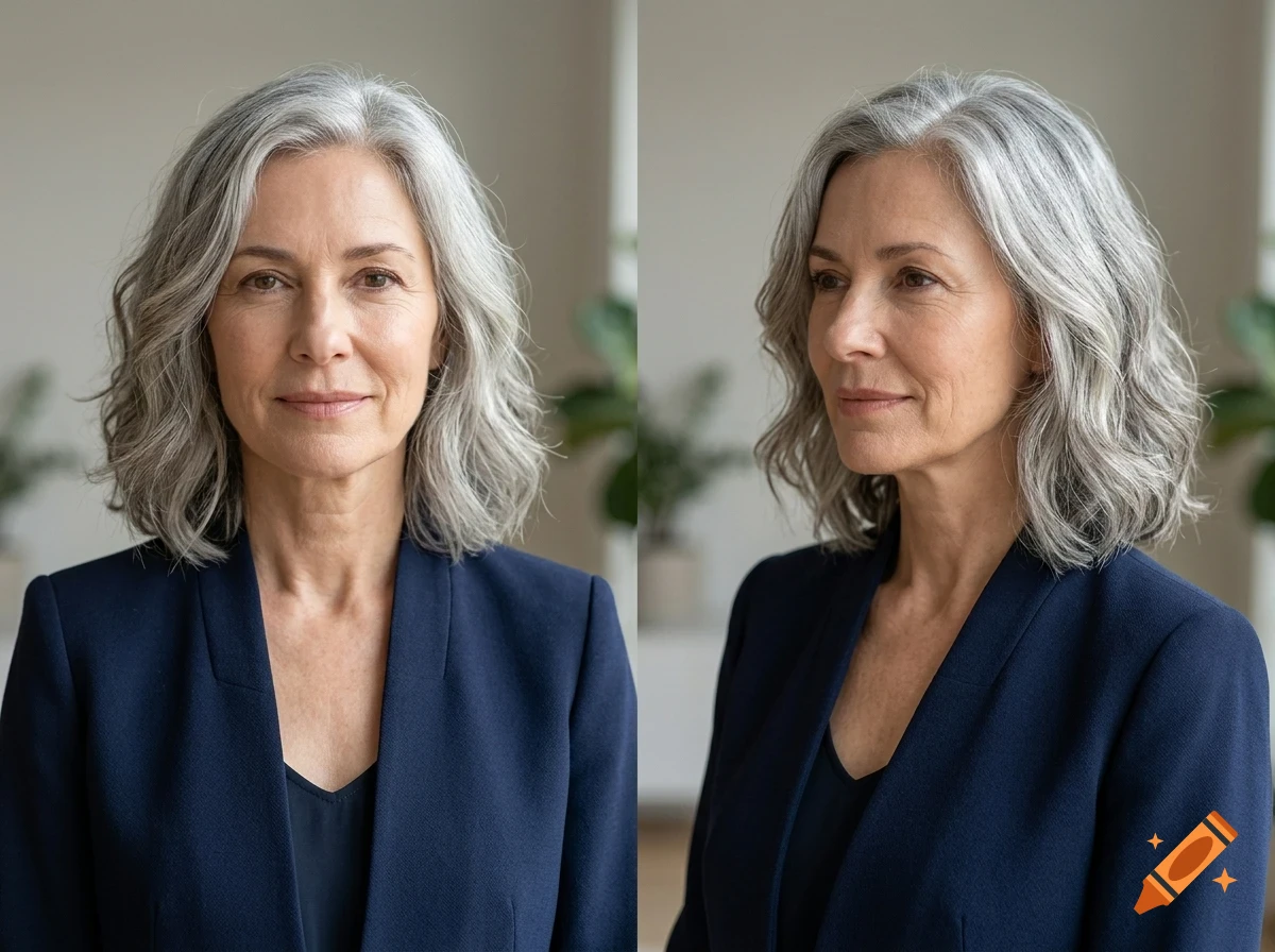 A mature woman with shoulder-length wavy gray hair wearing a blue blazer, shown from the front and profile.