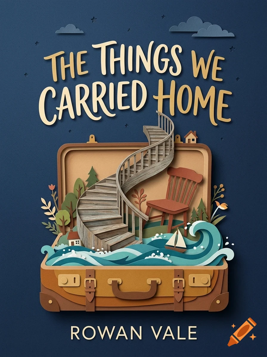 A book cover illustration showing an open suitcase containing a miniature landscape with a spiral staircase, chair, ocean waves, trees, and small houses against a dark blue background.