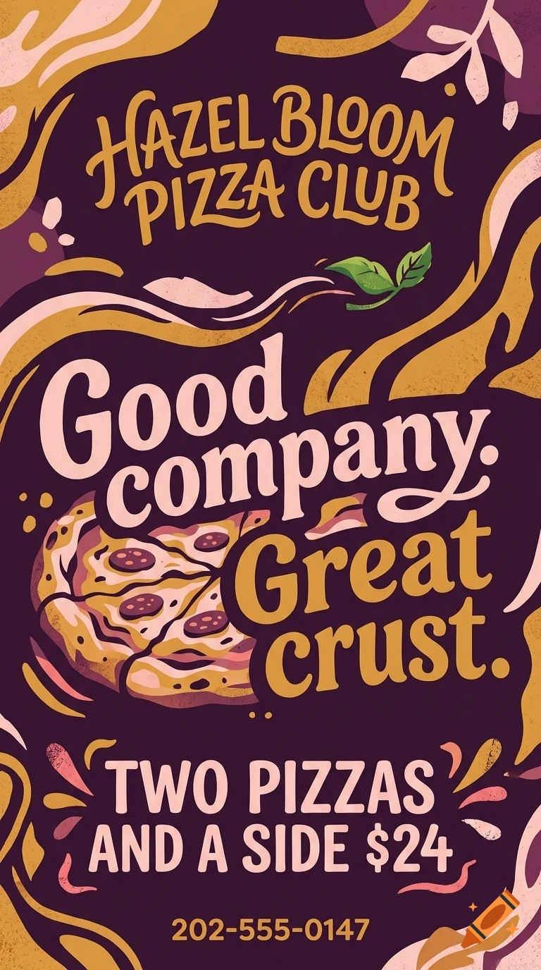 An illustrated pizza club poster featuring stylized lettering, abstract patterns, and a slice of pizza on a dark purple background.