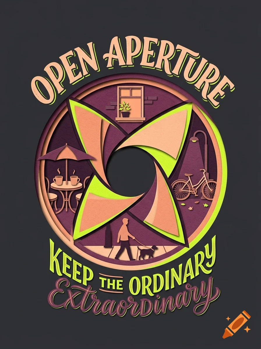 An illustration featuring a camera aperture design surrounded by scenes of a cafe, a person walking a dog, a bicycle, and a window, with the text OPEN APERTURE and KEEP THE ORDINARY EXTRAORDINARY.