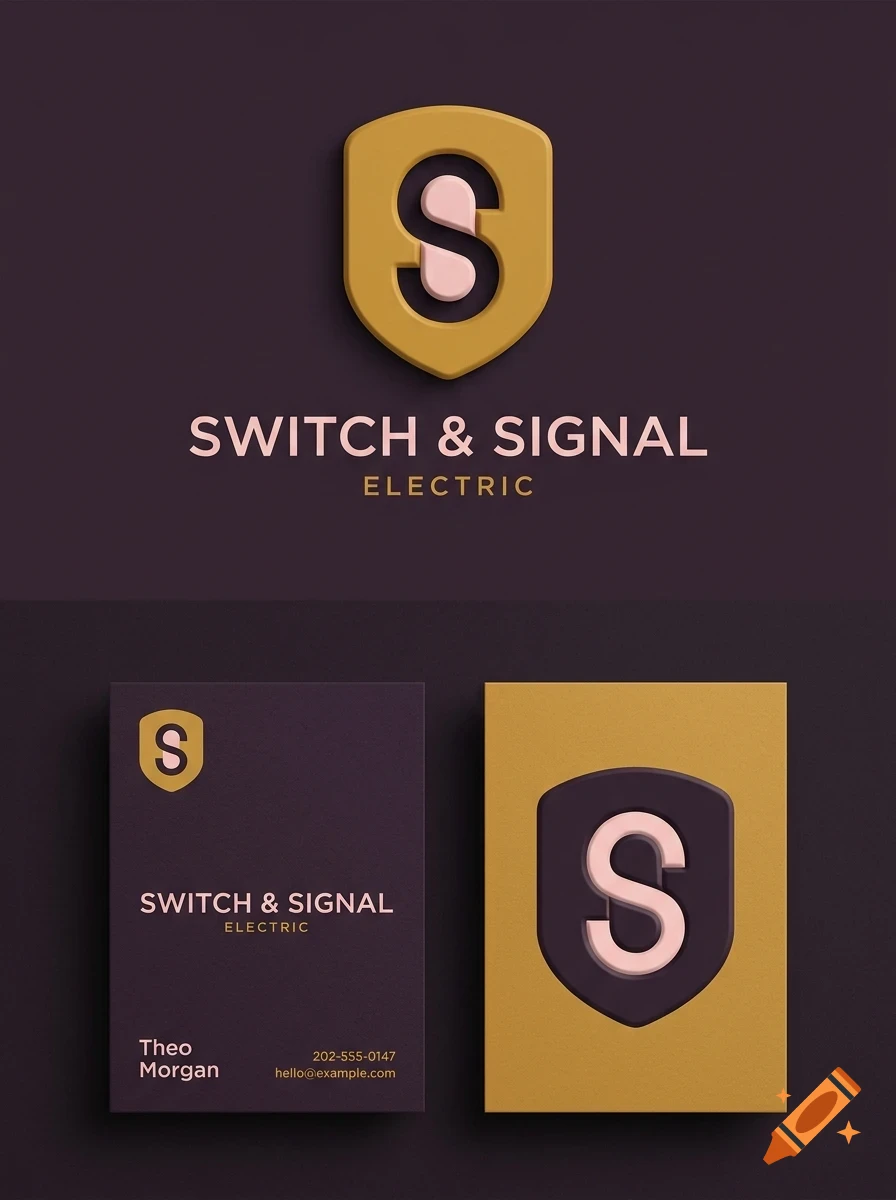 A corporate brand identity mockup featuring a logo with a letter S inside a shield emblem and business cards on a dark background.