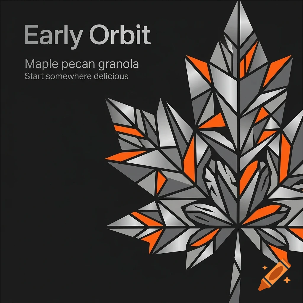 A stylized geometric maple leaf graphic in silver and orange on a black background, with text on the left.