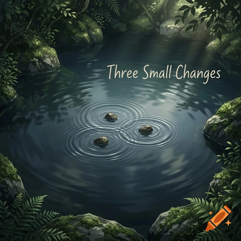 Three small stones in a tranquil forest pond with ripples and the text 'Three Small Changes'.