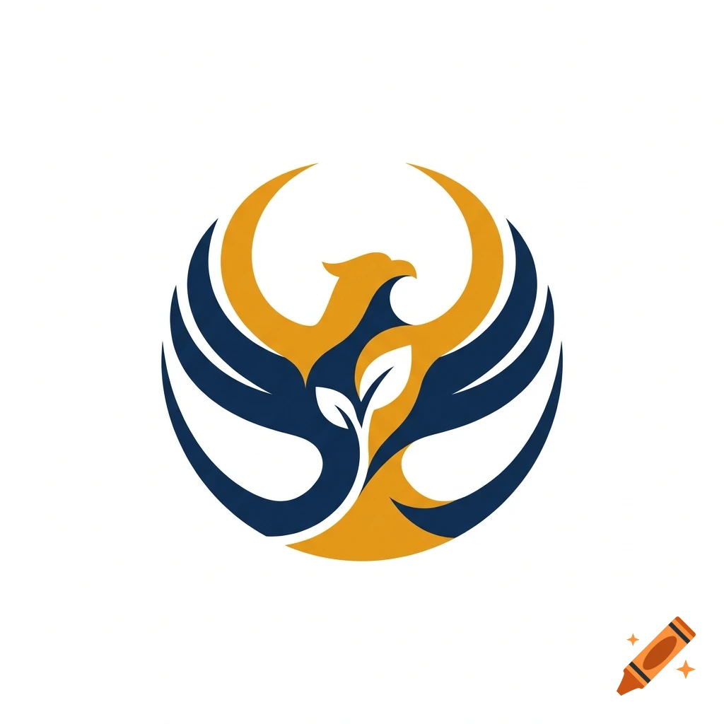 A stylized vector logo of a phoenix and a leaf in blue and gold on a white background.