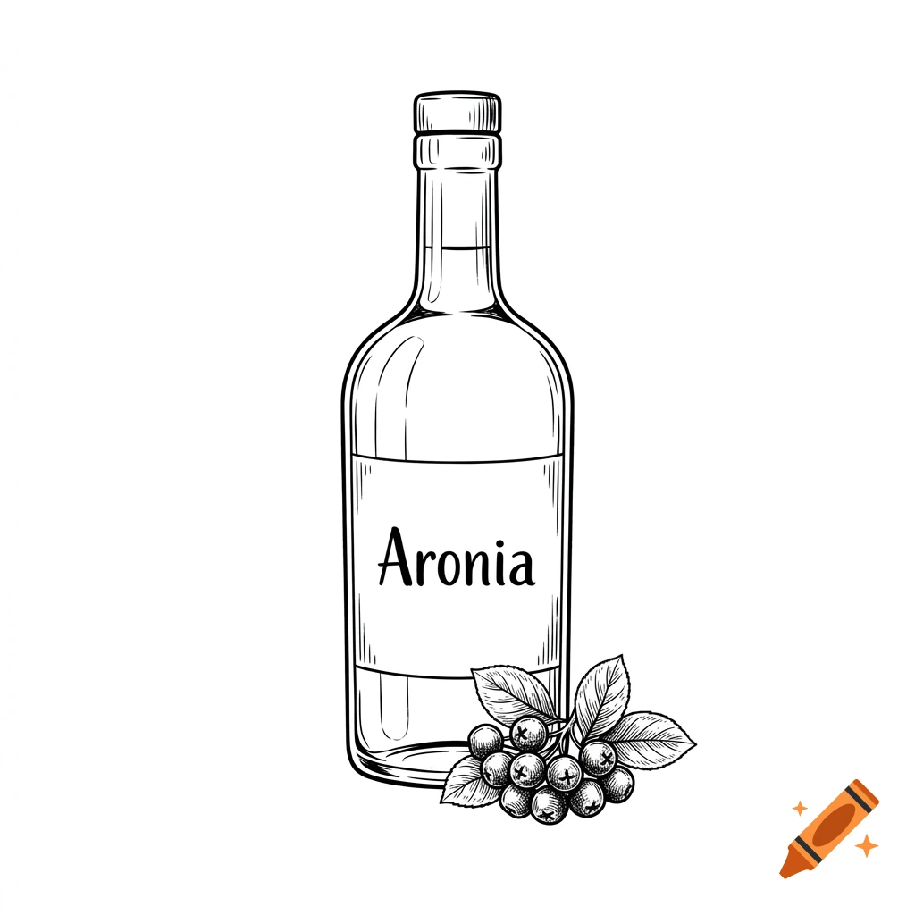 Black and white ink sketch of an Aronia schnapps bottle with a cluster of berries and leaves at its base.
