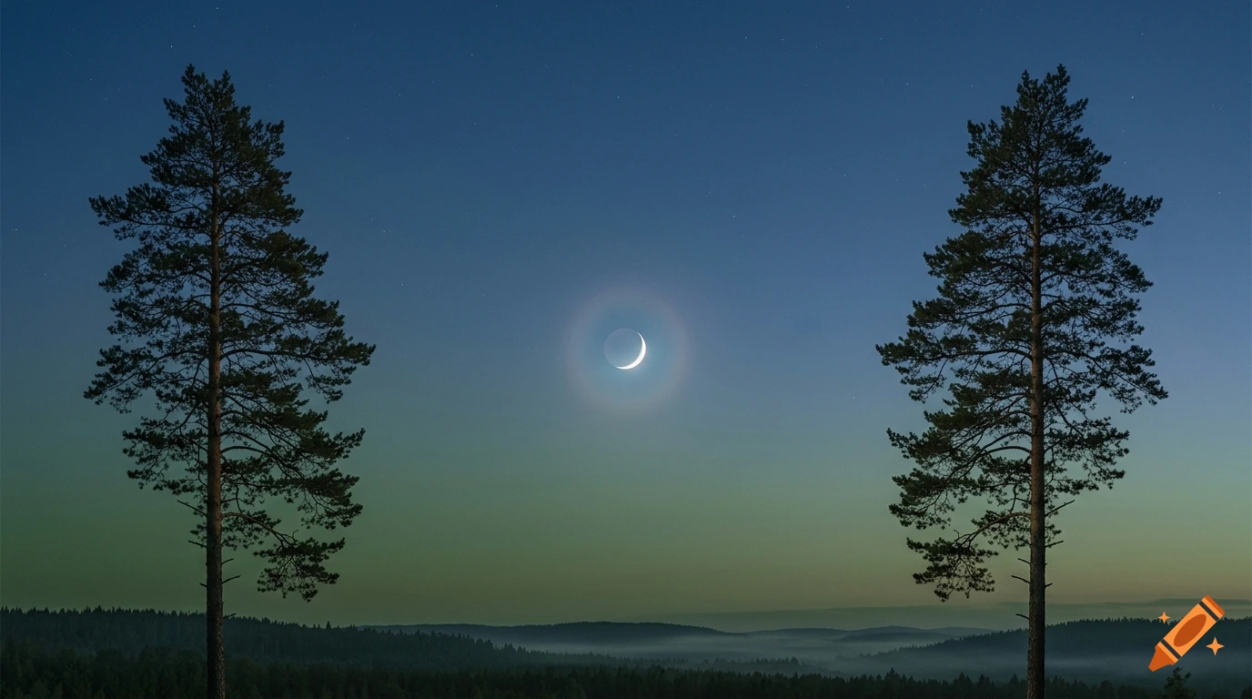 Two tall pine trees frame a crescent moon with a halo glow against a twilight sky shifting from blue to green above a foggy forest.