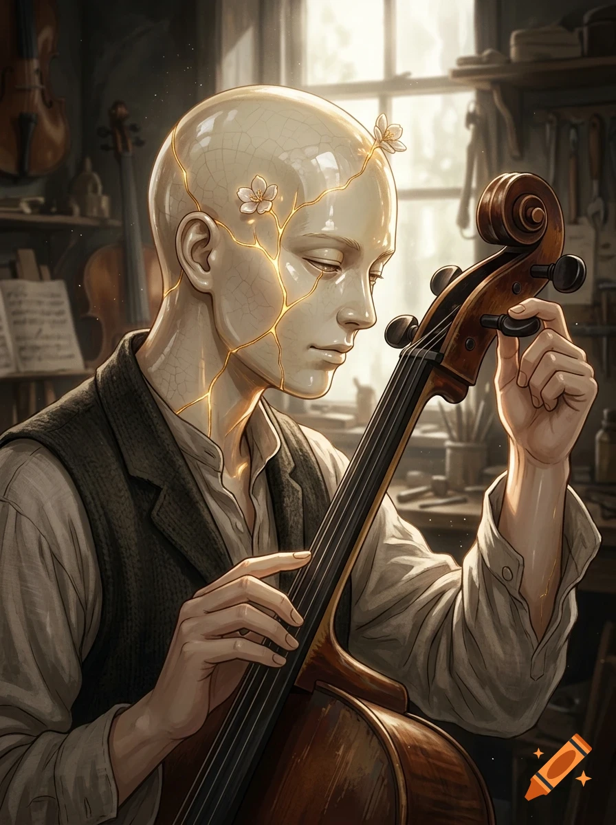 A bald person with cracked porcelain skin holding and tuning a cello in a workshop.