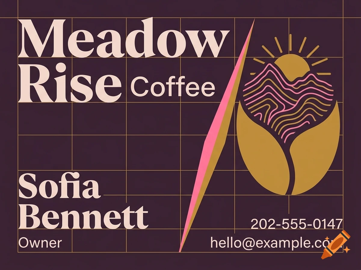 A business card design for Meadow Rise Coffee with a dark background, grid lines, text, and a logo featuring mountains and a sun inside a coffee bean shape.