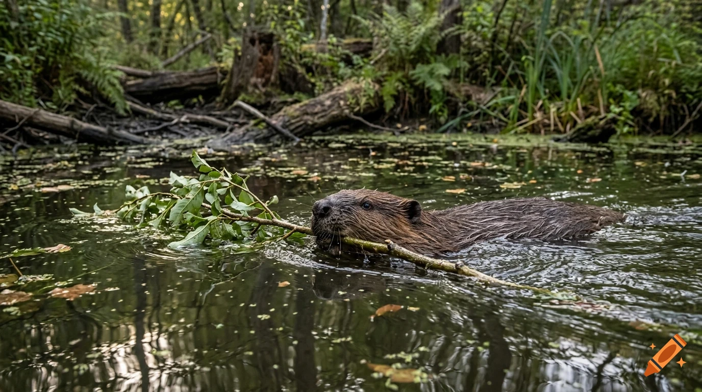 A beaver swimming in a forest river while carrying a leafy branch in its mouth.