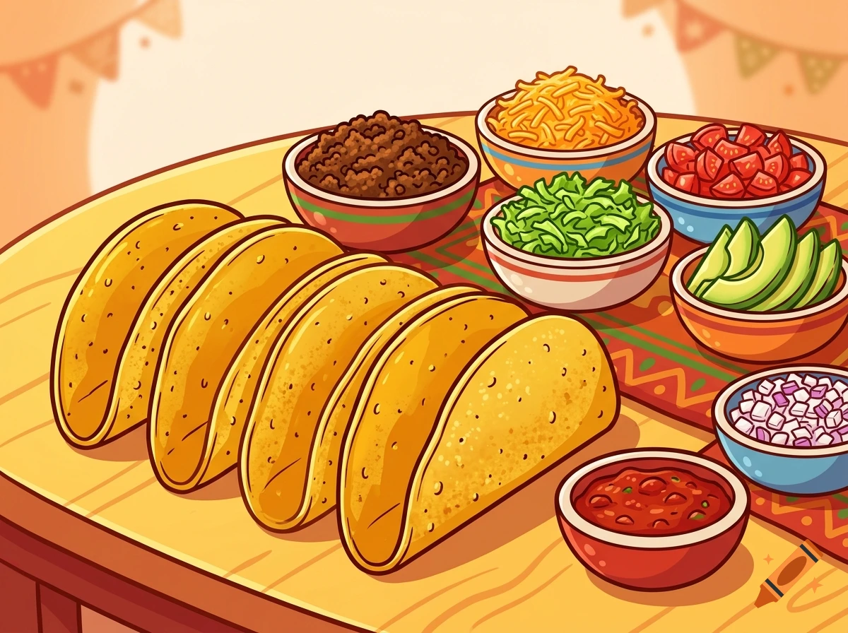 Cartoony illustration of four taco shells and small bowls of meat, cheese, lettuce, tomatoes, avocado, onion, and salsa on a wooden table.