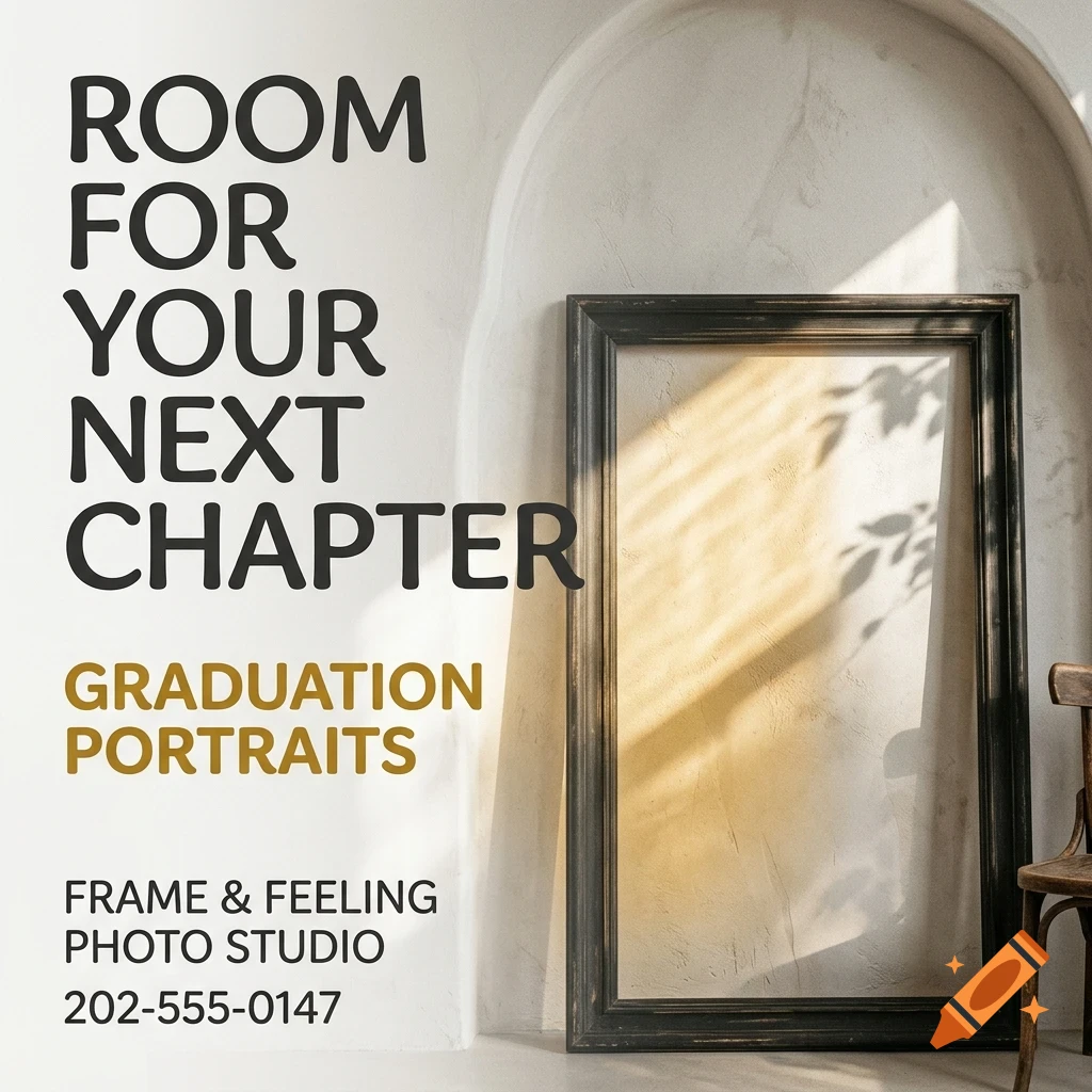 An advertisement for a photo studio showing text, an empty framed canvas, and part of a wooden chair against a textured wall.