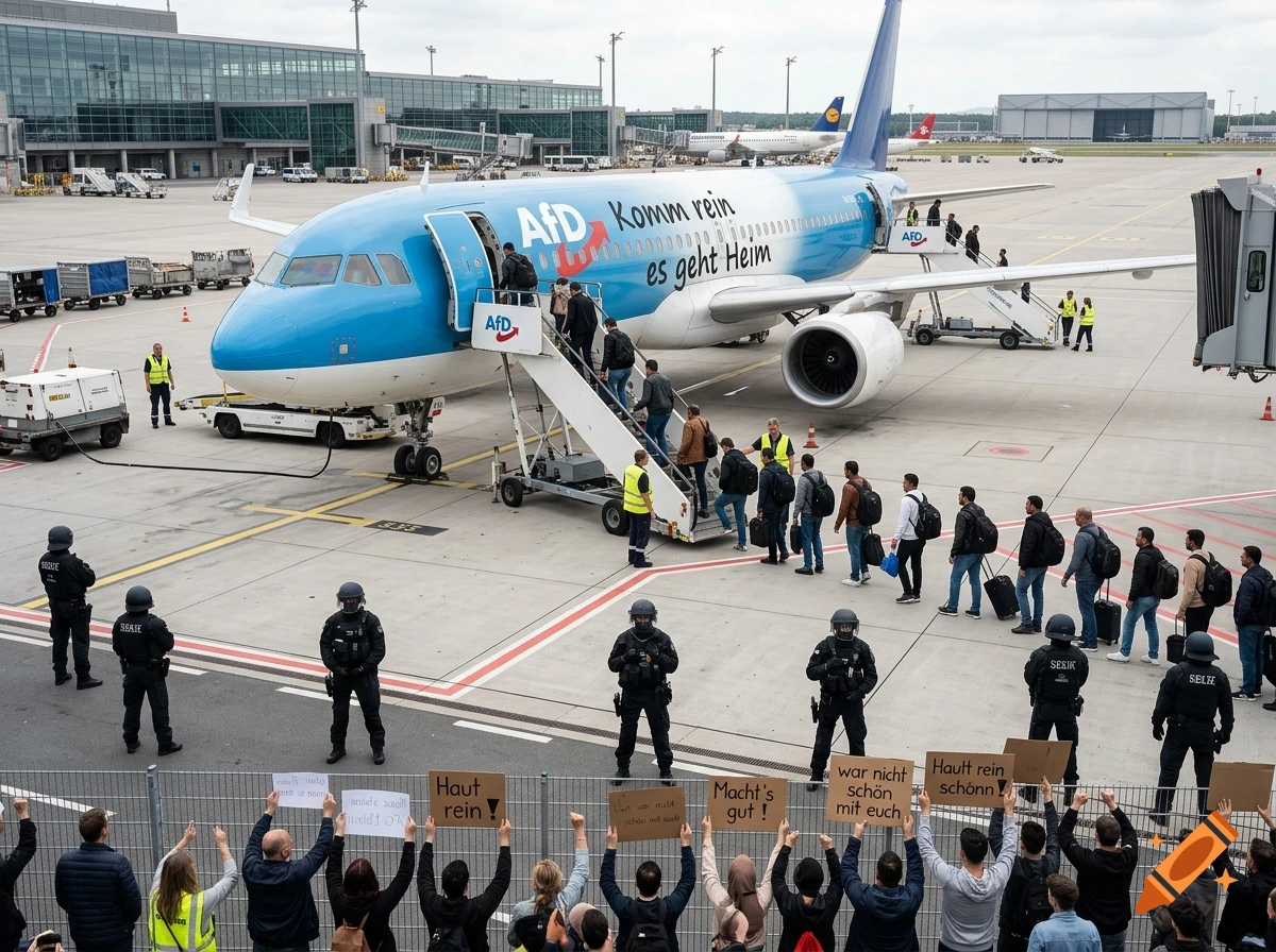 Photorealistic image of passengers boarding a blue and white airplane at an airport gate, guarded by police officers and watched by a crowd.