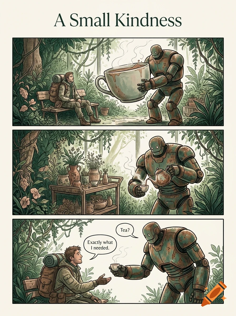 A three-panel comic strip titled 'A Small Kindness' showing a rusty robot offering a giant cup of tea to a traveler seated on a bench in a lush greenhouse forest.