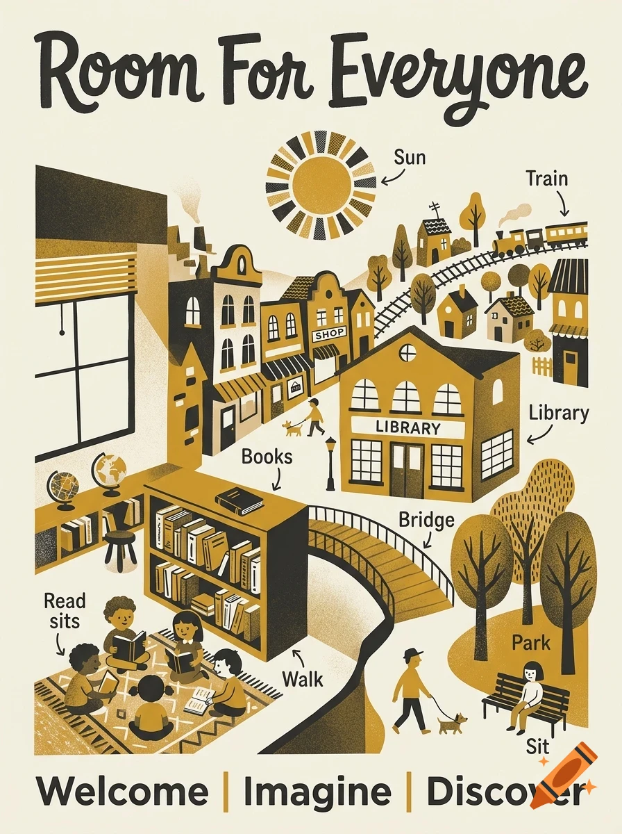 An illustrated educational poster titled Room For Everyone depicting a town scene with labels for various objects, buildings, and activities.