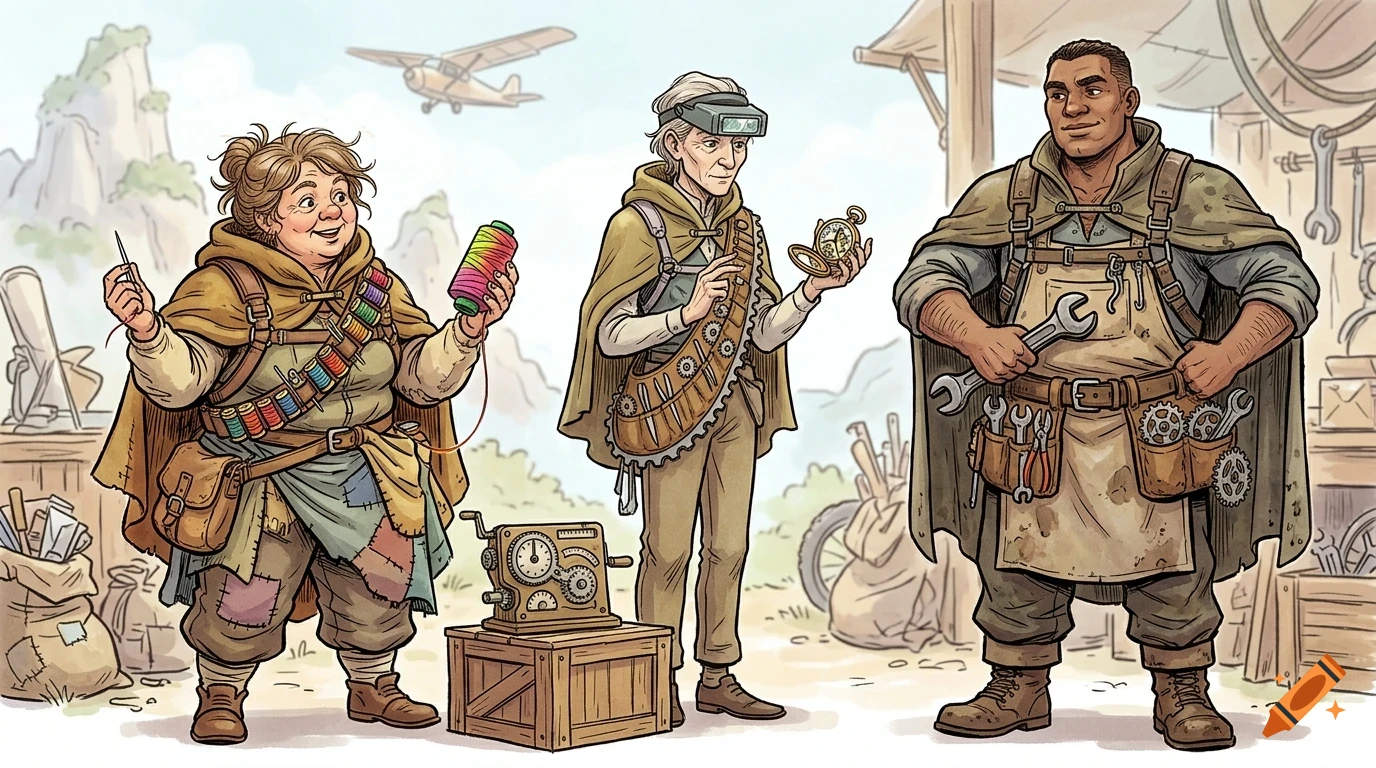 An illustration of three fantasy characters outdoors, holding tools and gear.