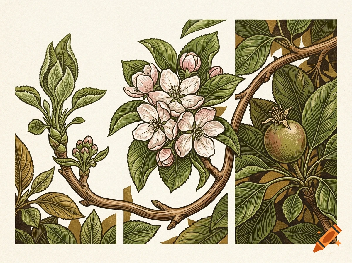 An illustrative botanical drawing of apple tree branches with green leaves, pinkish-white blossoms, flower buds, and a developing green apple.