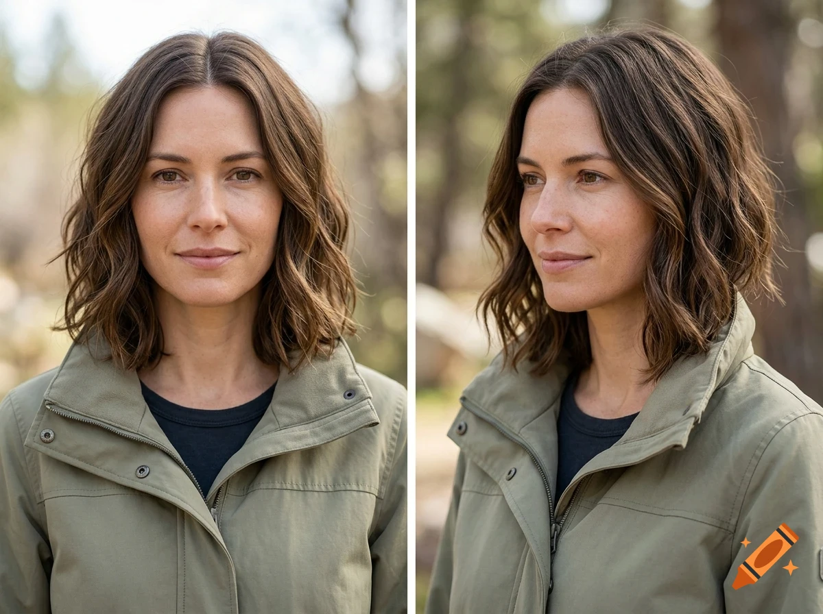Two portraits of a woman with shoulder-length wavy brown hair, wearing a green jacket.