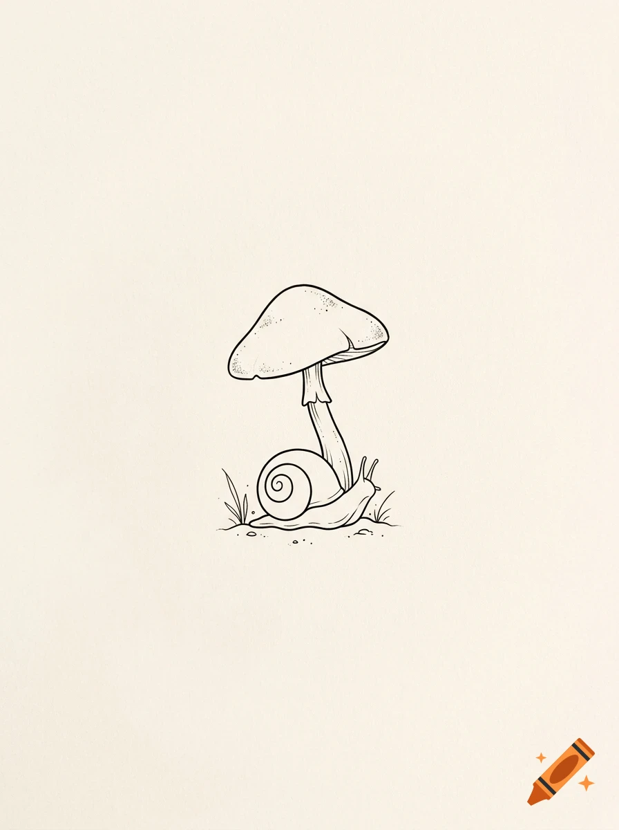 A simple black-and-white line drawing of a snail with a mushroom growing directly from its shell.