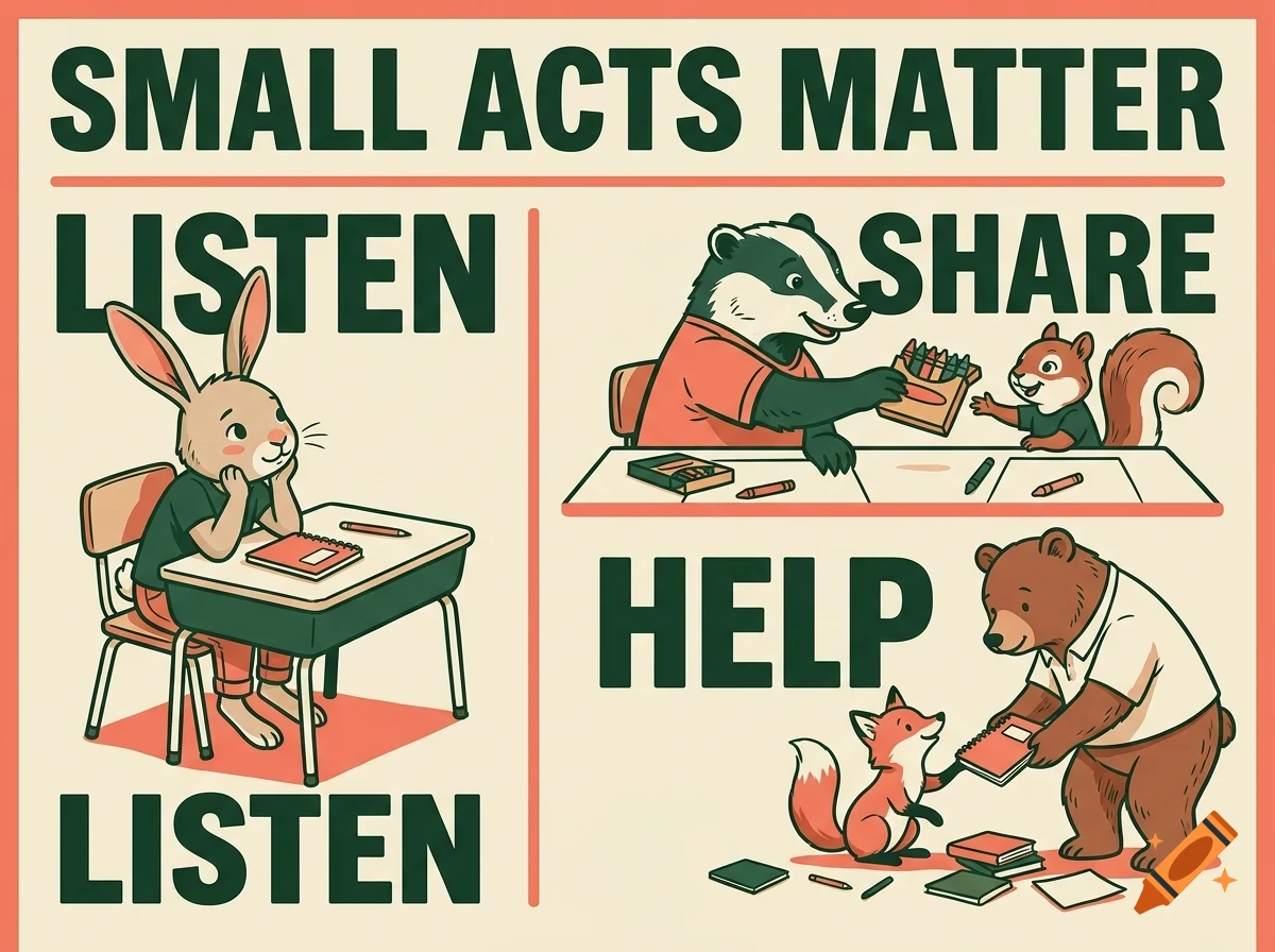 An illustrated poster with the text Small Acts Matter, featuring animals engaged in activities labeled Listen, Share, and Help.