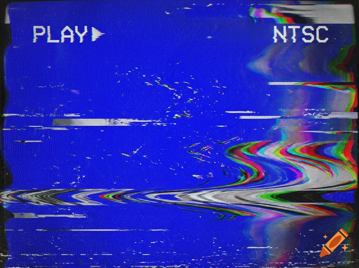 A damaged blue NTSC TV screen with static, color bars, and the text PLAY and NTSC.