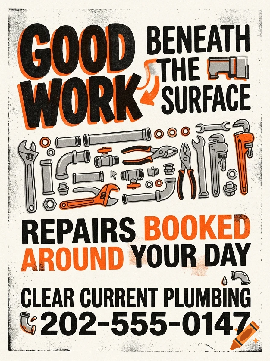 Plumbing advertisement poster with text Good work beneath the surface and an array of tools and pipes.