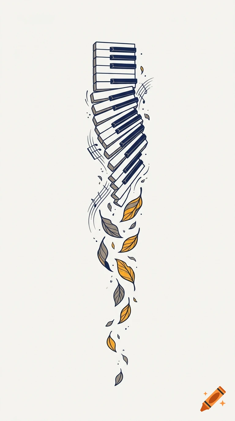 An illustration of piano keys twisting downwards, morphing into falling autumn leaves and musical notes on a light background.