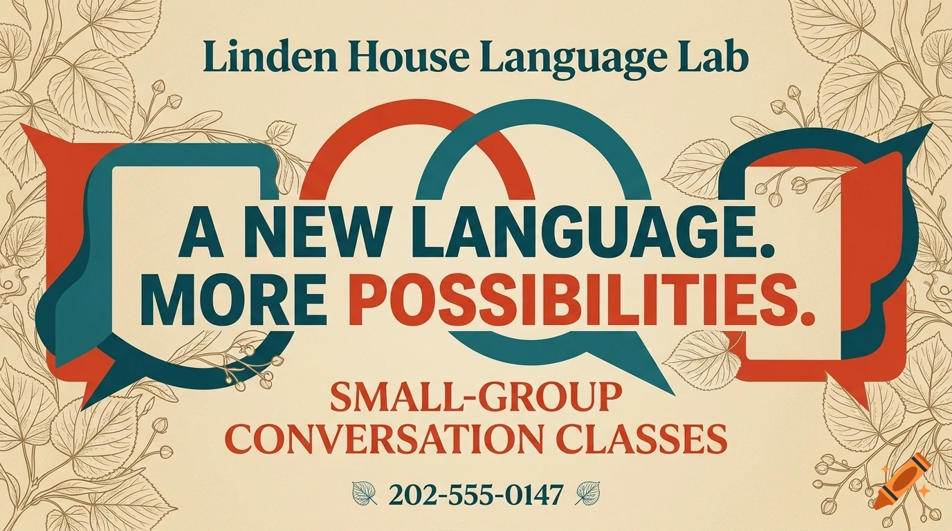 An advertisement for Linden House Language Lab with text reading 'A new language. More possibilities.', speech bubble graphics, and botanical illustrations.
