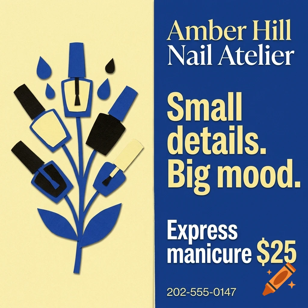An advertisement for Amber Hill Nail Atelier featuring an artistic illustration of nail polish bottles arranged like a plant on a yellow background and text on a blue background.