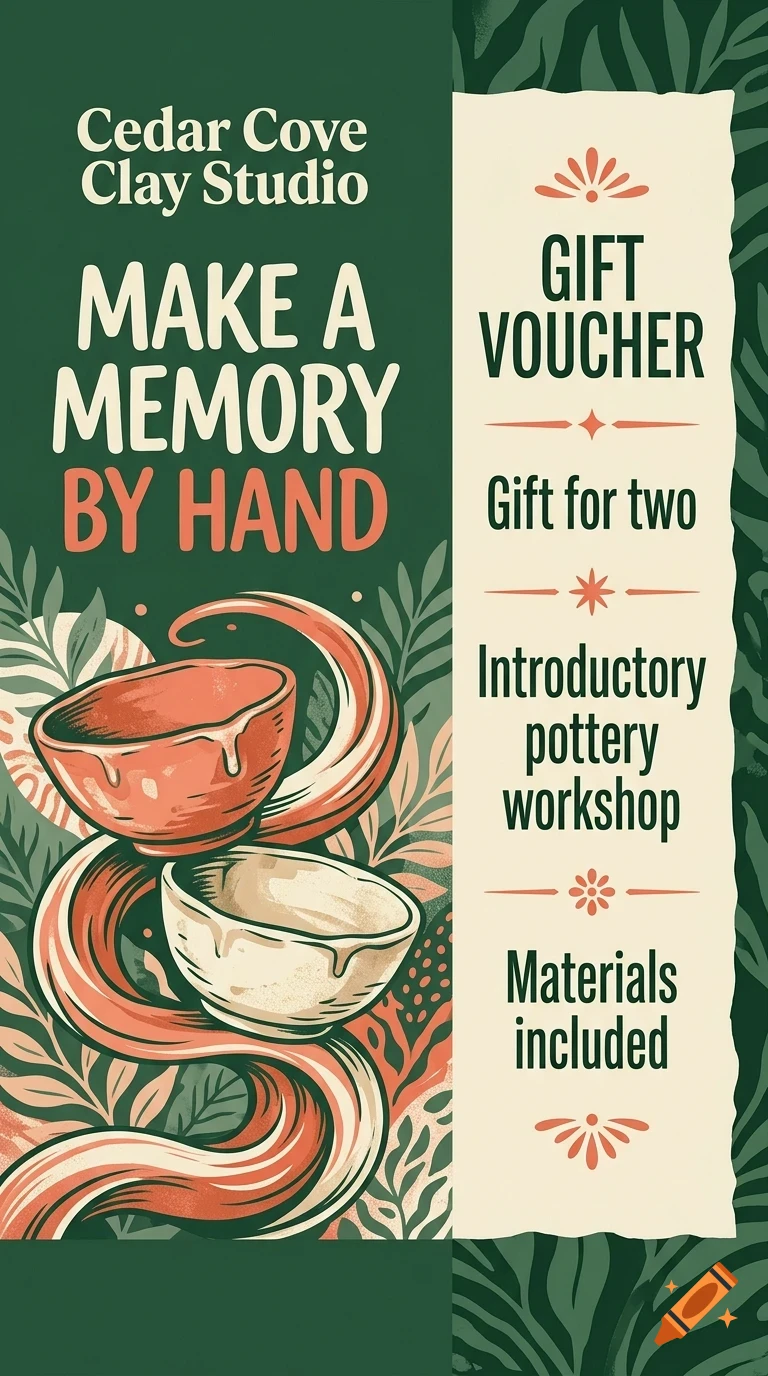 An illustrative voucher design for Cedar Cove Clay Studio featuring two pottery bowls and foliage details.