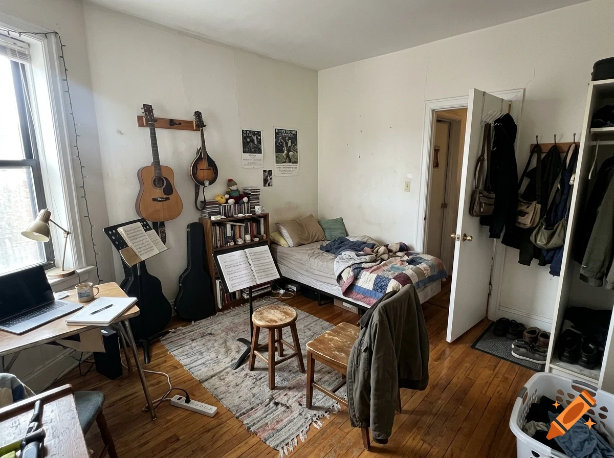 A furnished bedroom interior with a single bed, a desk with a laptop, musical instruments on the wall, and bookshelves.