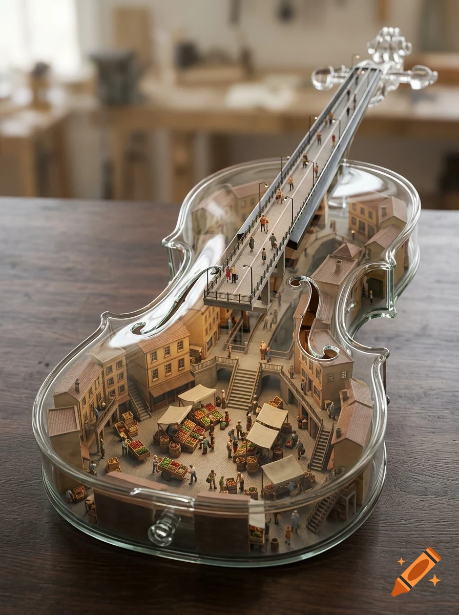 A transparent glass violin sculpture containing a miniature city square, buildings, a market with tiny figures, and a bridge along the neck.