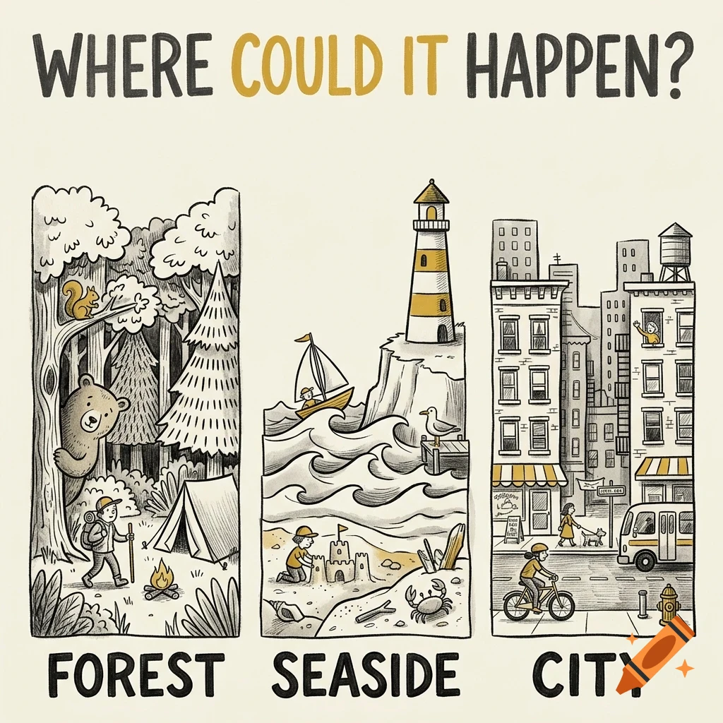 An illustrated panel with three vertical scenes depicting a forest, a seaside, and a city under the heading 'WHERE COULD IT HAPPEN?'