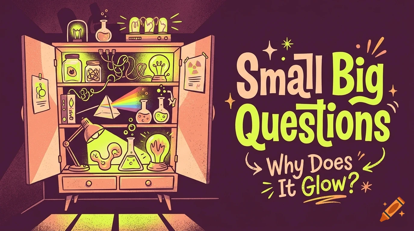 An illustration of an open cabinet filled with glowing science experiments and glassware, next to the text Small Big Questions Why Does It Glow?