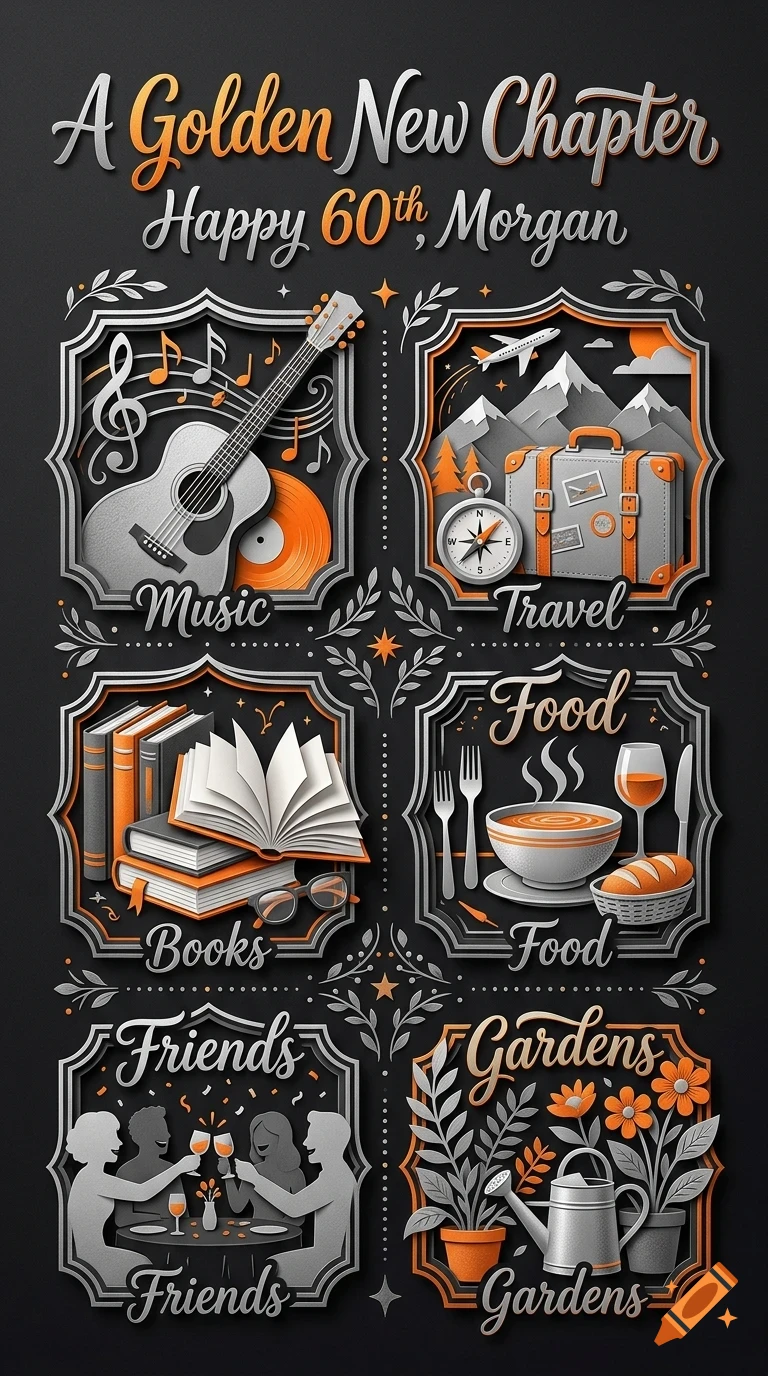 An illustrated poster with the text A Golden New Chapter and Happy 60th, Morgan, featuring six framed panels representing Music, Travel, Books, Food, Friends, and Gardens.
