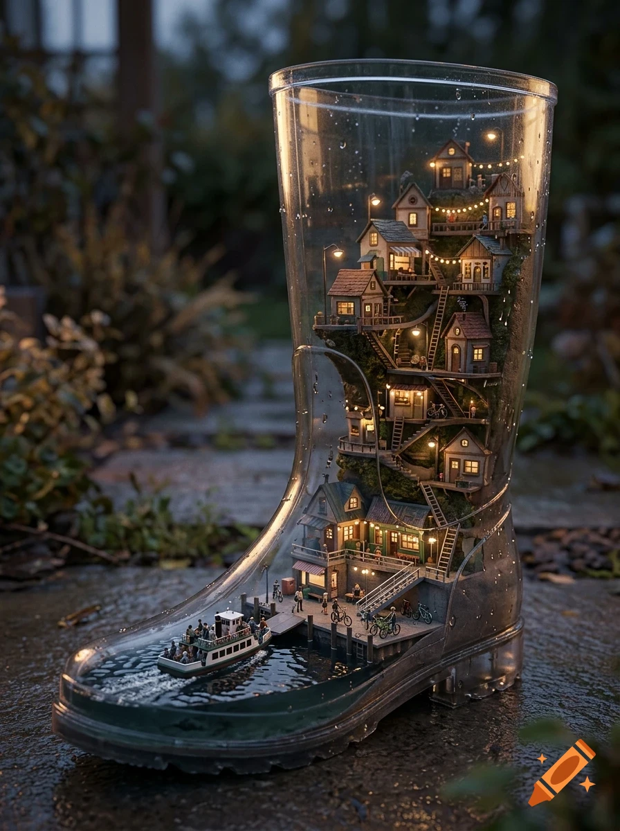 A miniature village with lit houses, stairs, and a small ferry boat built inside a transparent rain boot filled with water.