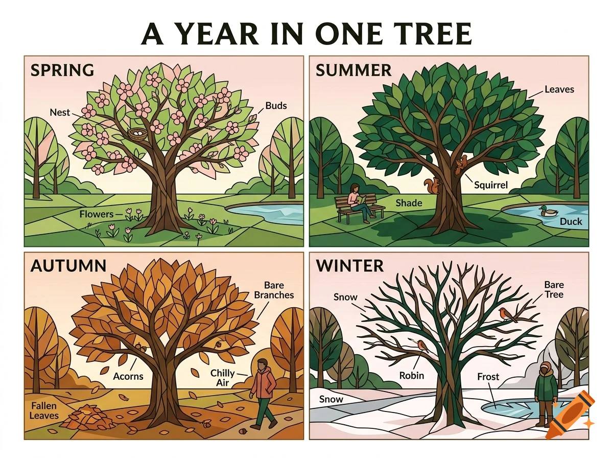 An educational diagram titled 'A Year In One Tree' showing four panels representing spring, summer, autumn, and winter with labels for seasonal changes.