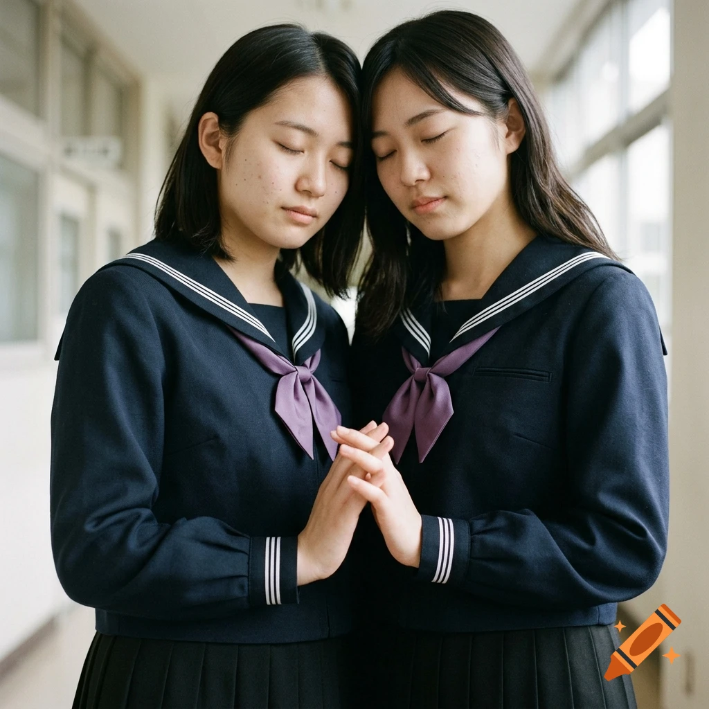 Two young women in traditional Japanese school uniforms with blue sailor collars and purple bows, holding hands and touching fingers in a school hallway.