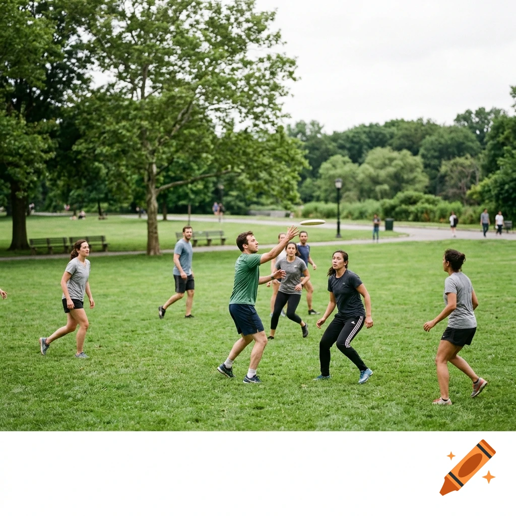 A group of people playing ultimate frisbee in a lush green park.