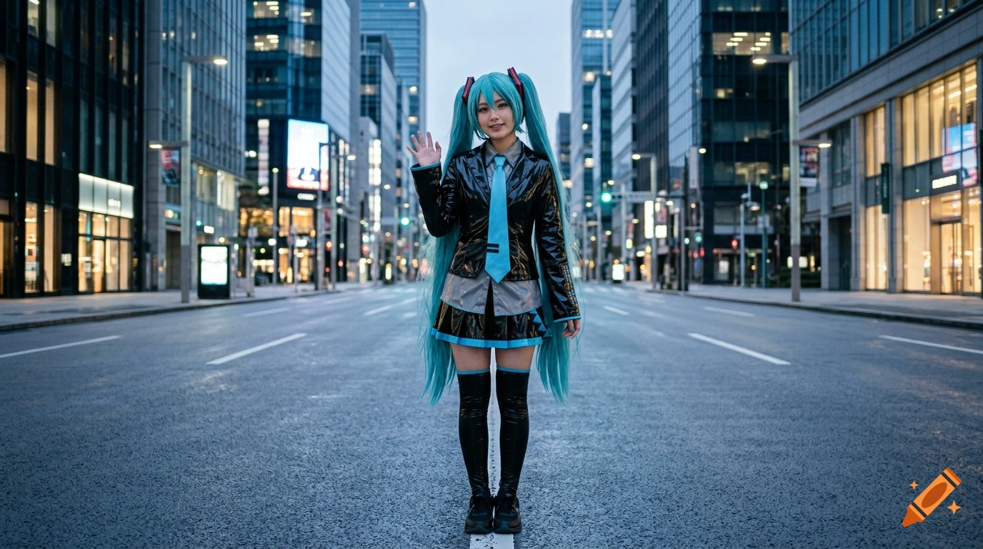 Photorealistic cosplay of Hatsune Miku standing in the middle of a deserted modern city street at dusk, waving.