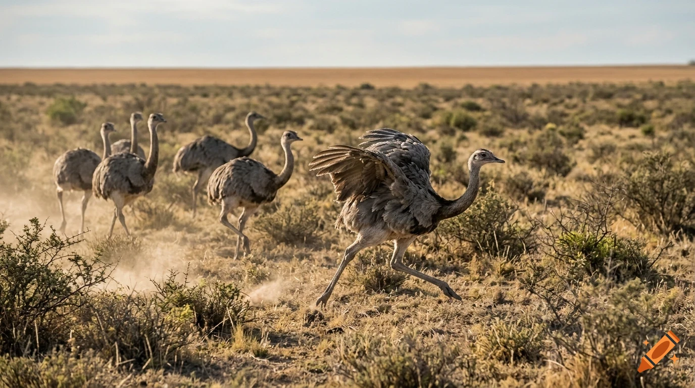 A group of rheas running across a dry grassland landscape.