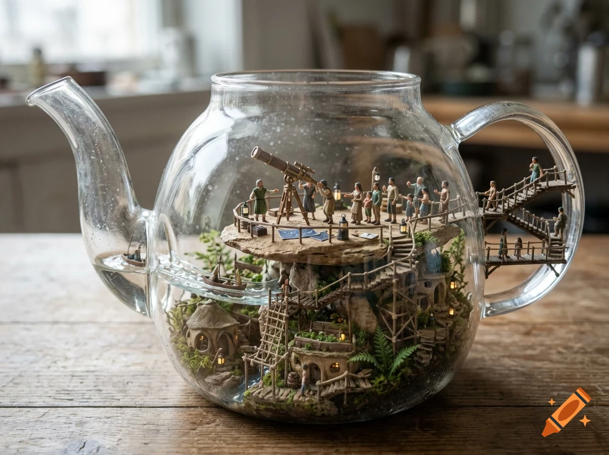 A detailed miniature world inside a clear glass teapot featuring tiny figures, houses, and a telescope.